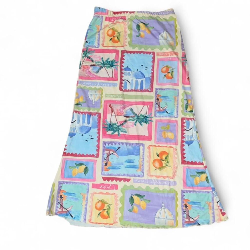 Women's Coastal Greece Italy Fruit Ruffle Flare Maxi Skirt SZ L